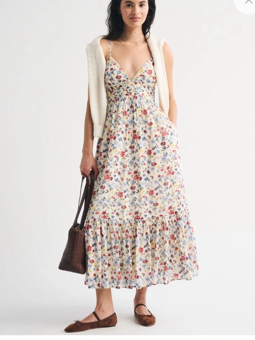 NWT Abercrombie Bra-Free Tie-Back Flowy V-Neck Maxi Dress size small